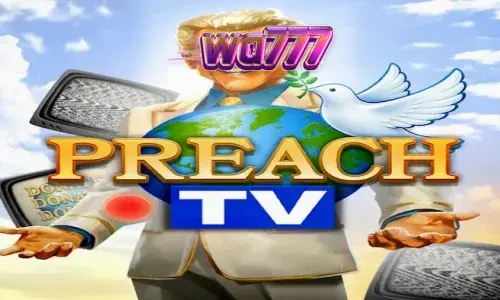 Tampilan layar permainan slot Preach TV dengan tema studio televisi retro.