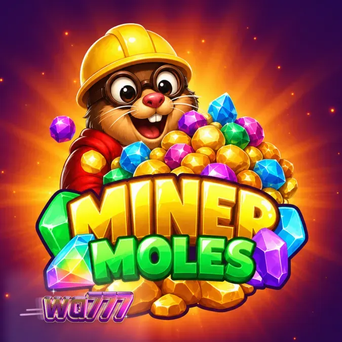 Tampilan visual slot Miner Moles dengan grid 6x6 dan karakter mol kartun.