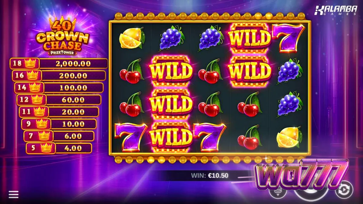 Tampilan visual slot 40 Crown Chase PrizeTower dengan simbol mahkota dan buah-buahan.